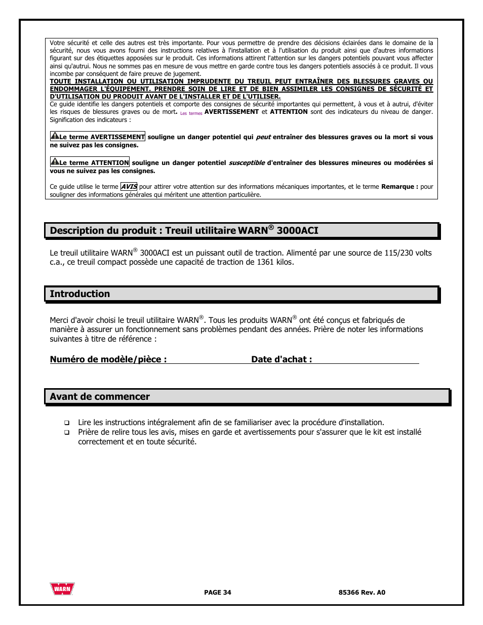 Description du produit : treuil utilitaire, Warn, 3000aci | Introduction, Avant de commencer | WARN 3000 ACI User Manual | Page 34 / 144