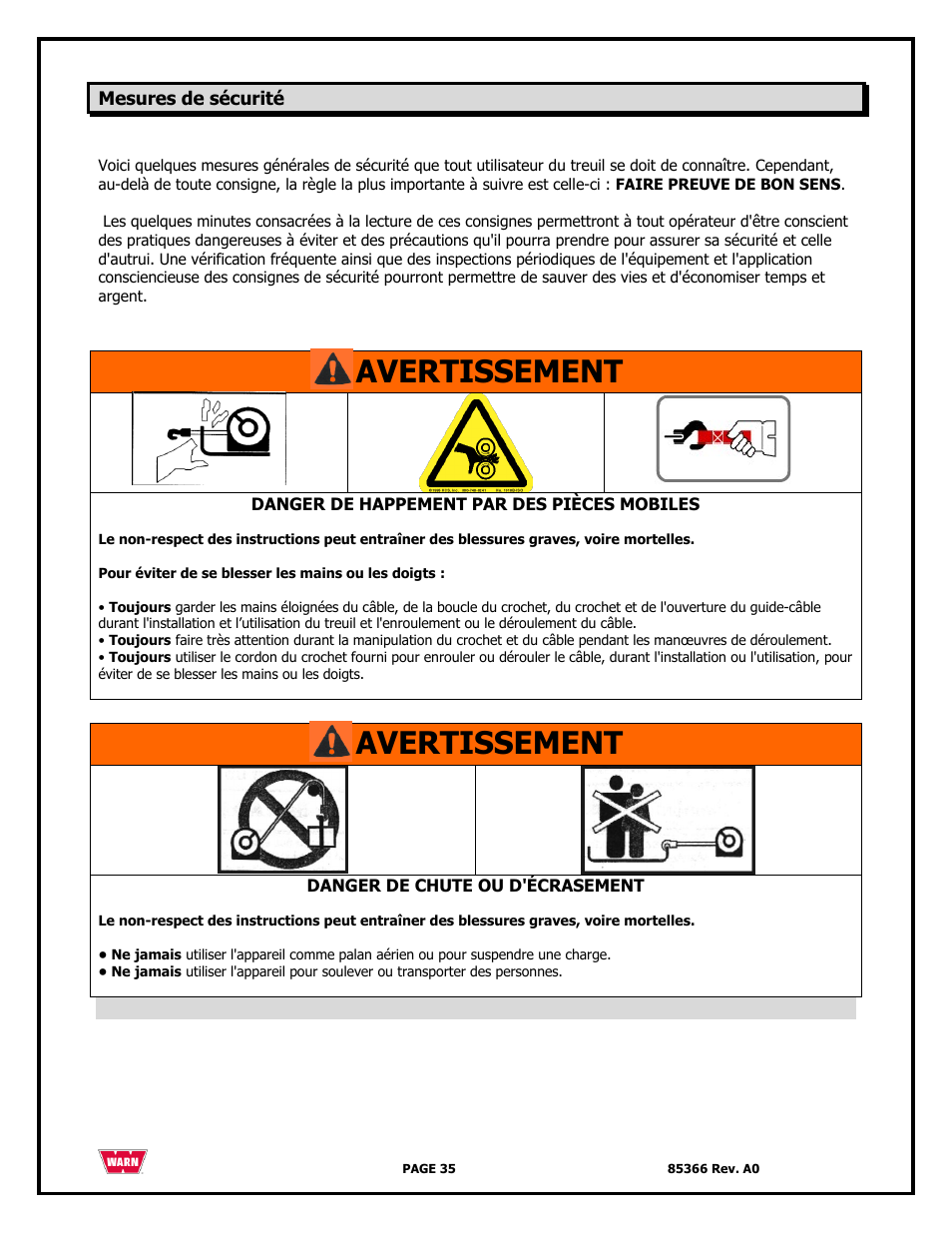 Avertissement | WARN 3000 ACI User Manual | Page 35 / 144