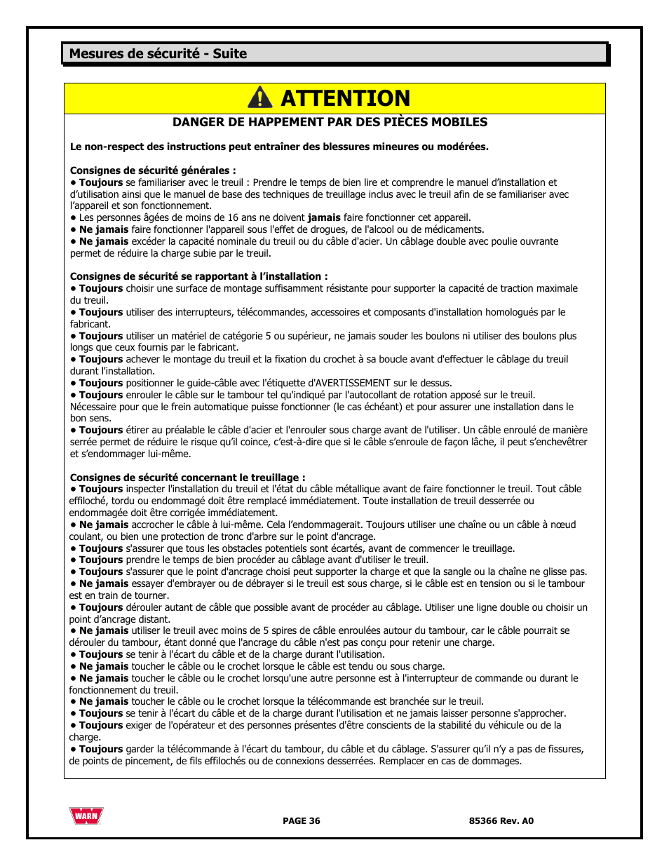 Attention, Mesures de sécurité - suite | WARN 3000 ACI User Manual | Page 36 / 144