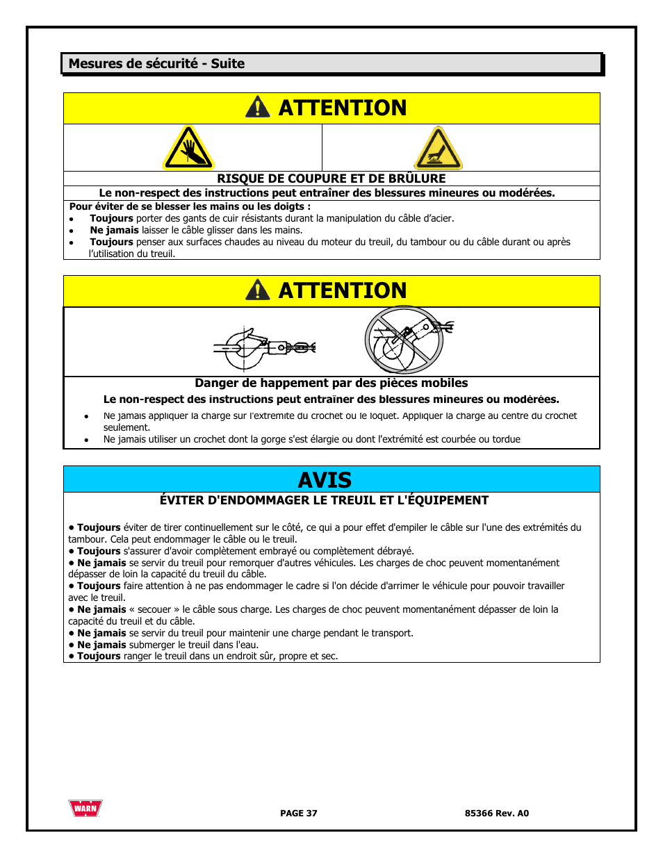 Attention, Avis | WARN 3000 ACI User Manual | Page 37 / 144