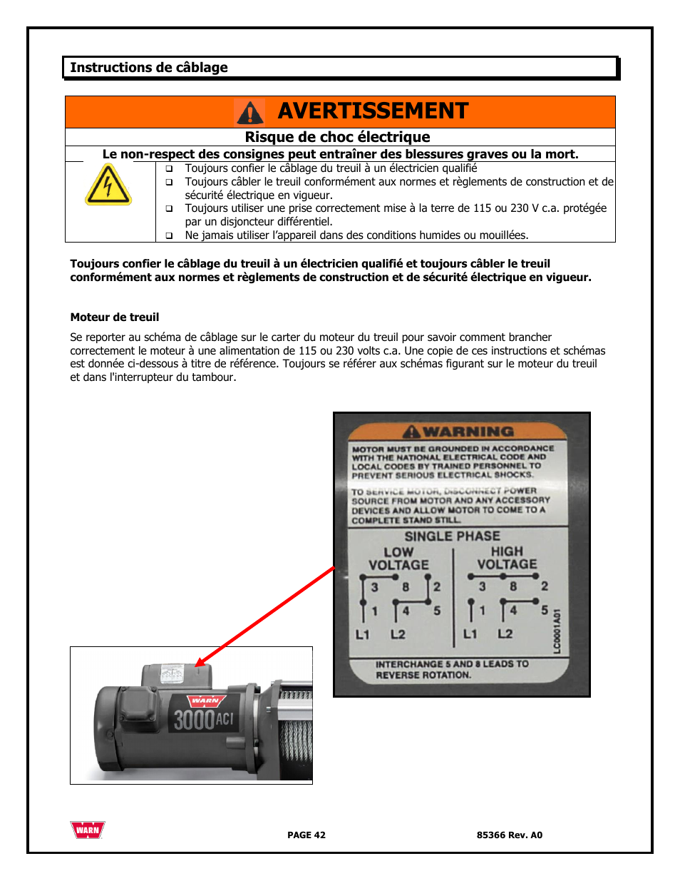 Avertissement, Risque de choc électrique | WARN 3000 ACI User Manual | Page 42 / 144