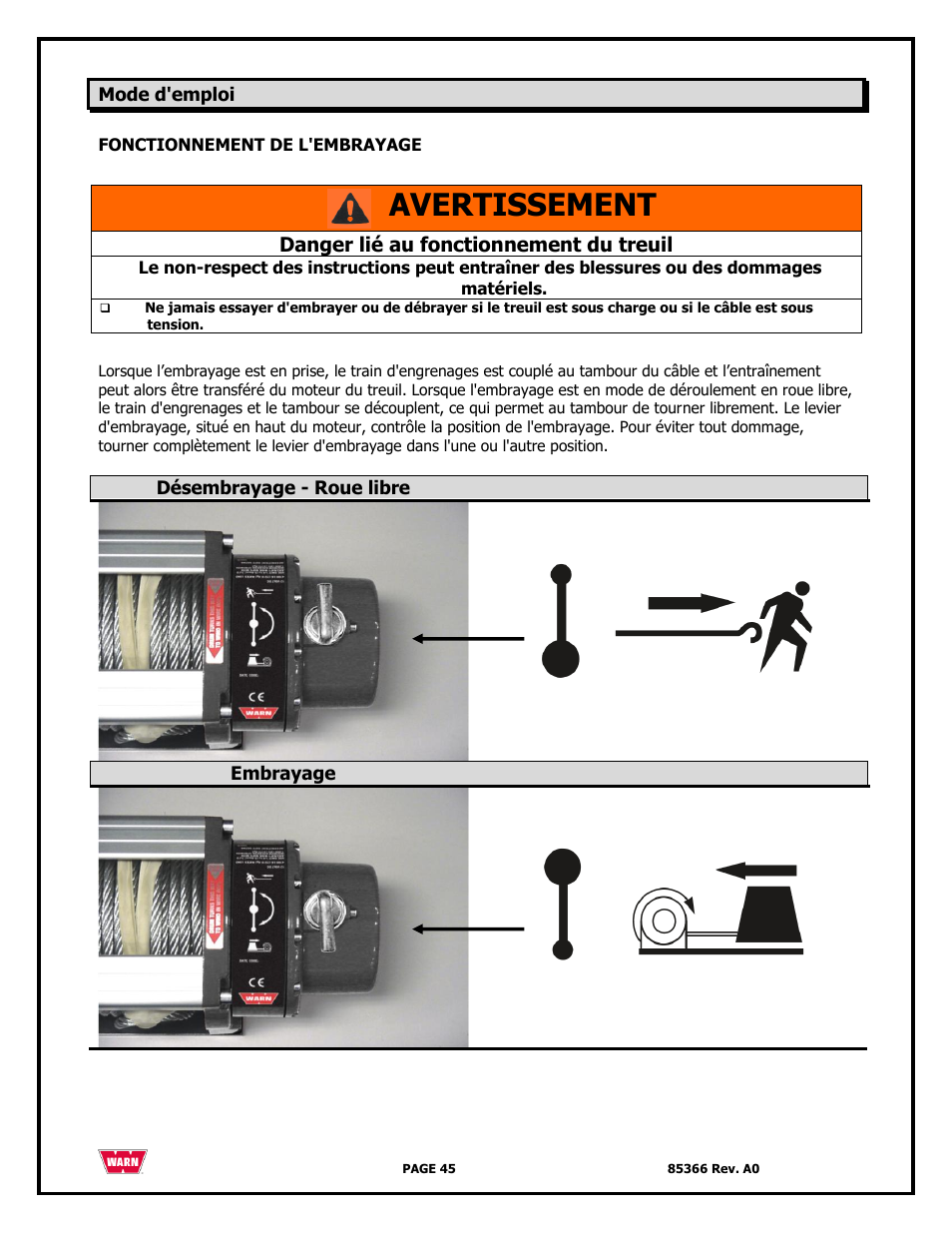 Avertissement | WARN 3000 ACI User Manual | Page 45 / 144
