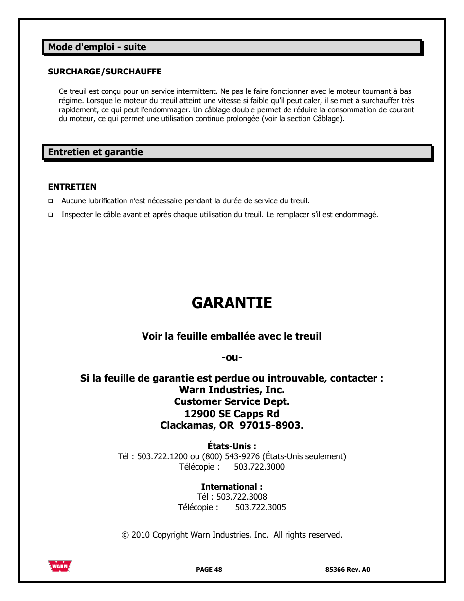 Garantie | WARN 3000 ACI User Manual | Page 48 / 144