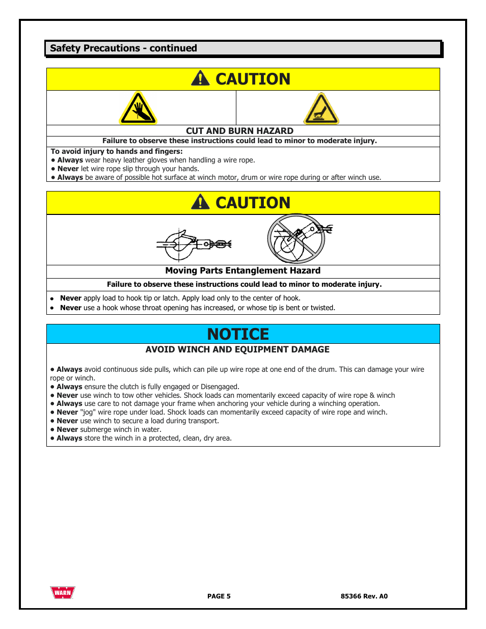 Caution, Notice | WARN 3000 ACI User Manual | Page 5 / 144