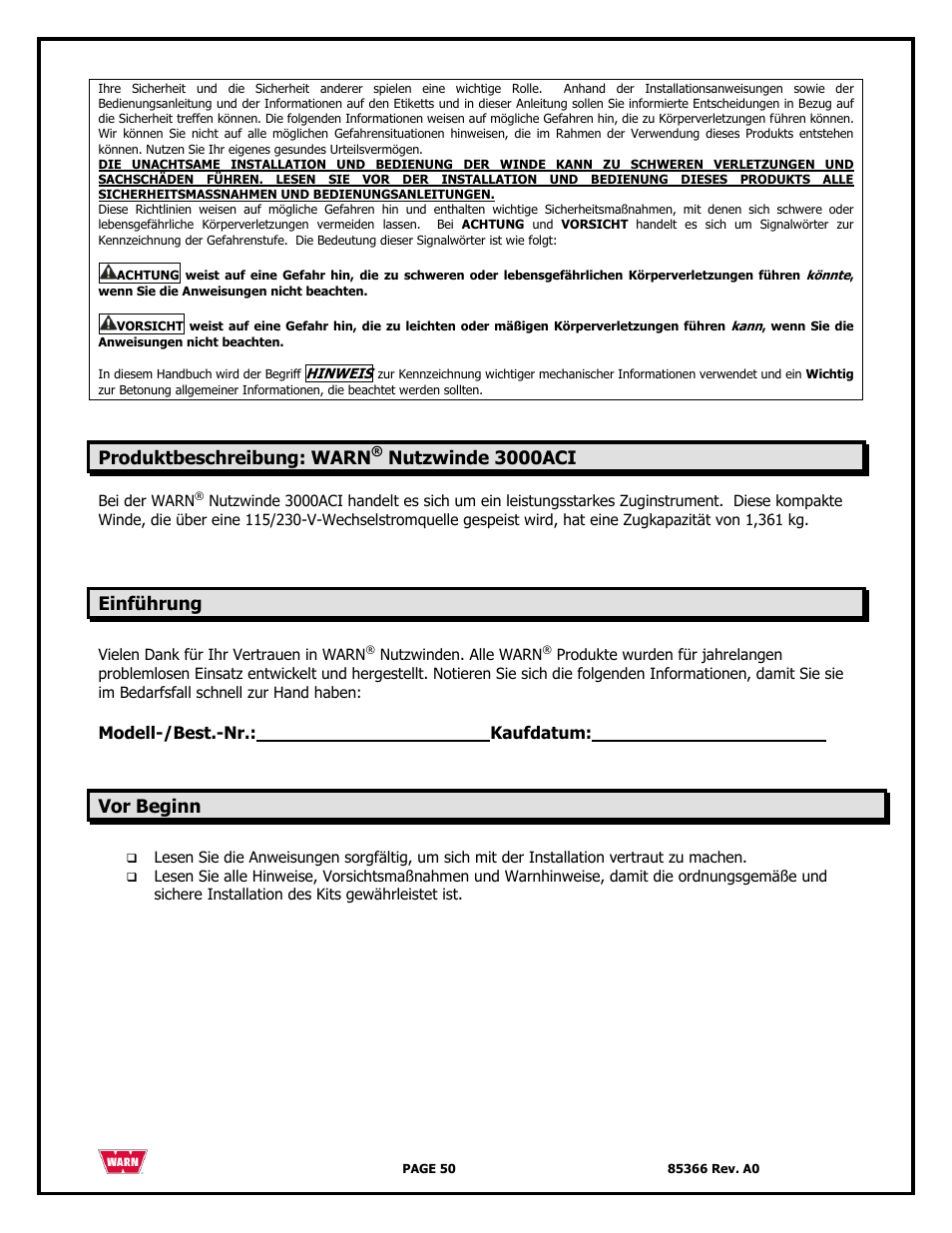 Produktbeschreibung: warn, Nutzwinde 3000aci, Einführung | Vor beginn | WARN 3000 ACI User Manual | Page 50 / 144