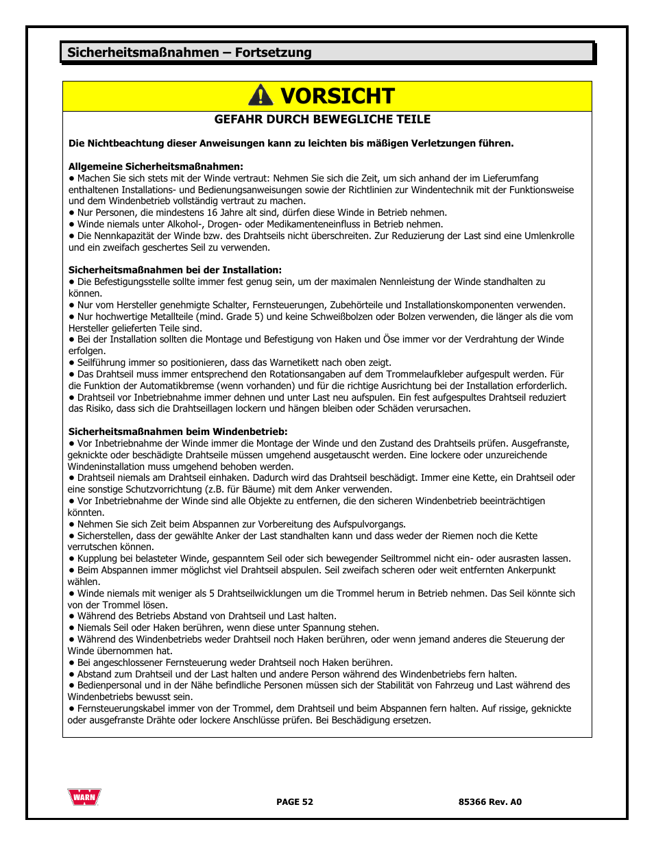 Vorsicht | WARN 3000 ACI User Manual | Page 52 / 144