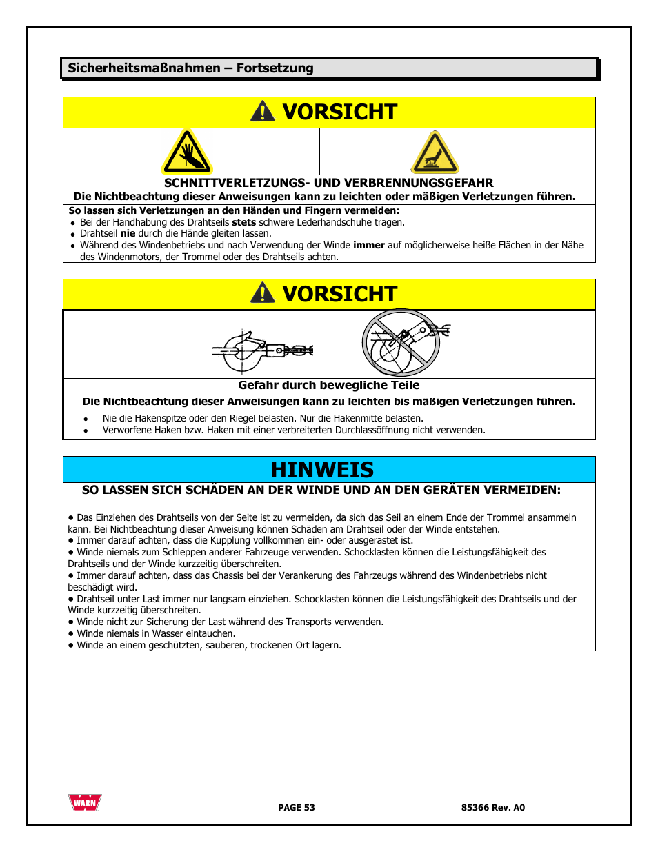 Vorsicht, Hinweis | WARN 3000 ACI User Manual | Page 53 / 144