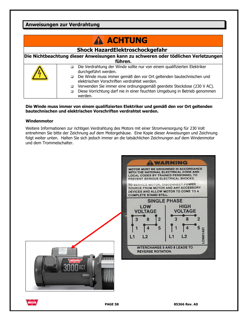 Achtung, Shock hazardelektroschockgefahr | WARN 3000 ACI User Manual | Page 58 / 144
