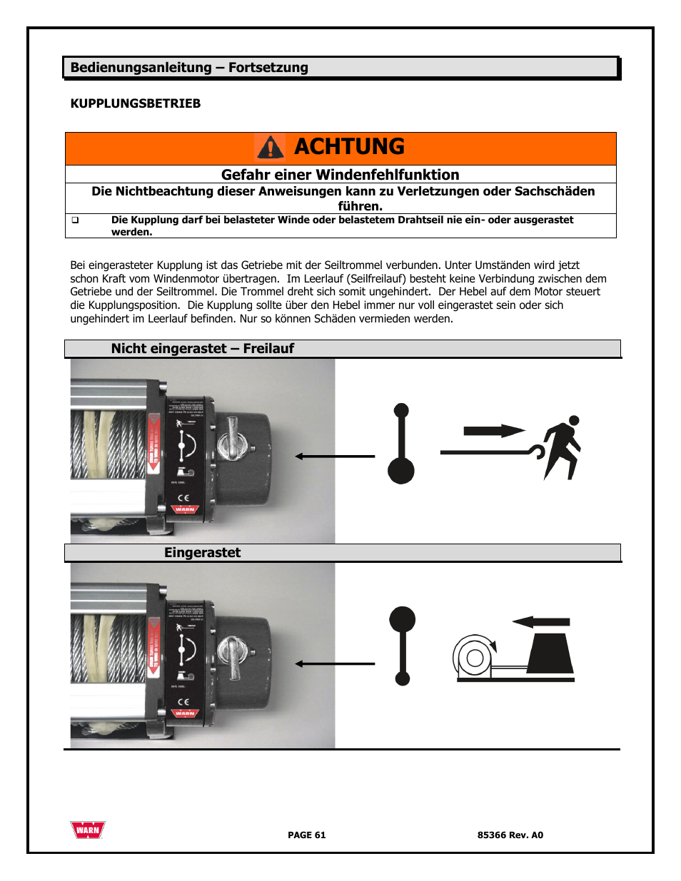 Achtung | WARN 3000 ACI User Manual | Page 61 / 144