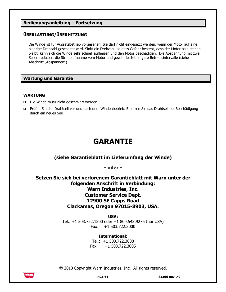 Garantie | WARN 3000 ACI User Manual | Page 64 / 144