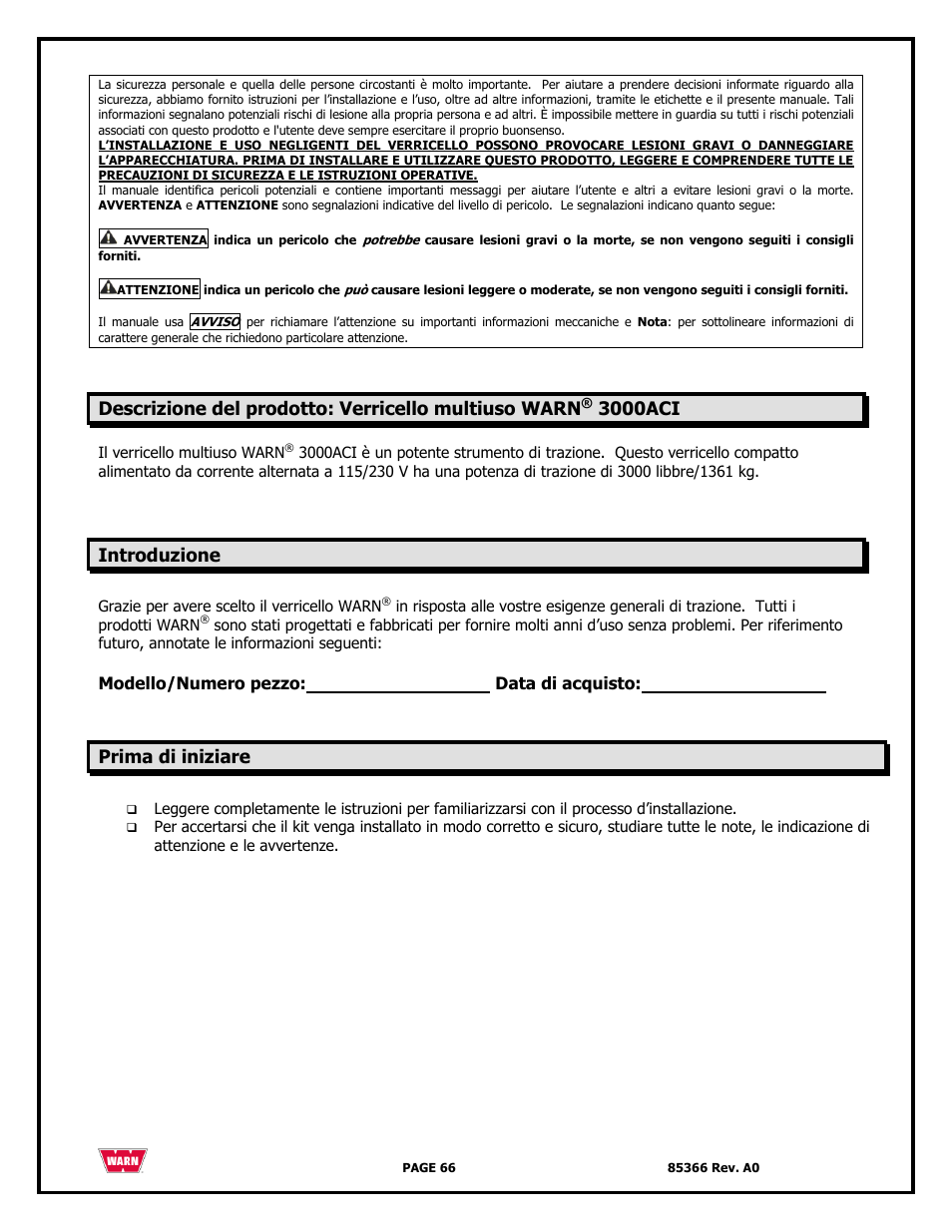 Descrizione del prodotto: verricello multiuso warn, 3000aci, Introduzione | Prima di iniziare | WARN 3000 ACI User Manual | Page 66 / 144