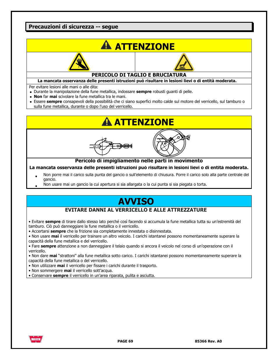 Attenzione, Avviso | WARN 3000 ACI User Manual | Page 69 / 144