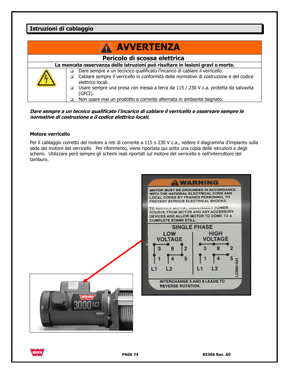 Avvertenza, Pericolo di scossa elettrica | WARN 3000 ACI User Manual | Page 74 / 144