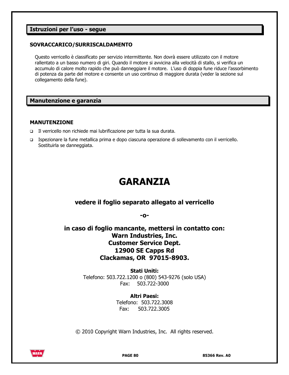 Garanzia | WARN 3000 ACI User Manual | Page 80 / 144