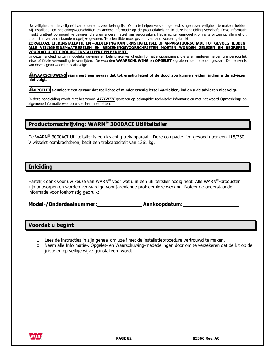 Productomschrijving: warn, 3000aci utiliteitslier, Inleiding | Voordat u begint | WARN 3000 ACI User Manual | Page 82 / 144