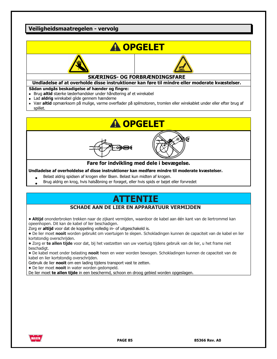 Opgelet, Attentie | WARN 3000 ACI User Manual | Page 85 / 144