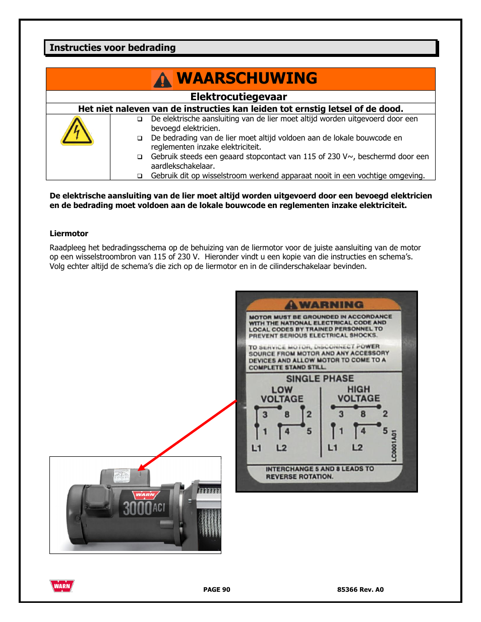 Waarschuwing, Elektrocutiegevaar | WARN 3000 ACI User Manual | Page 90 / 144