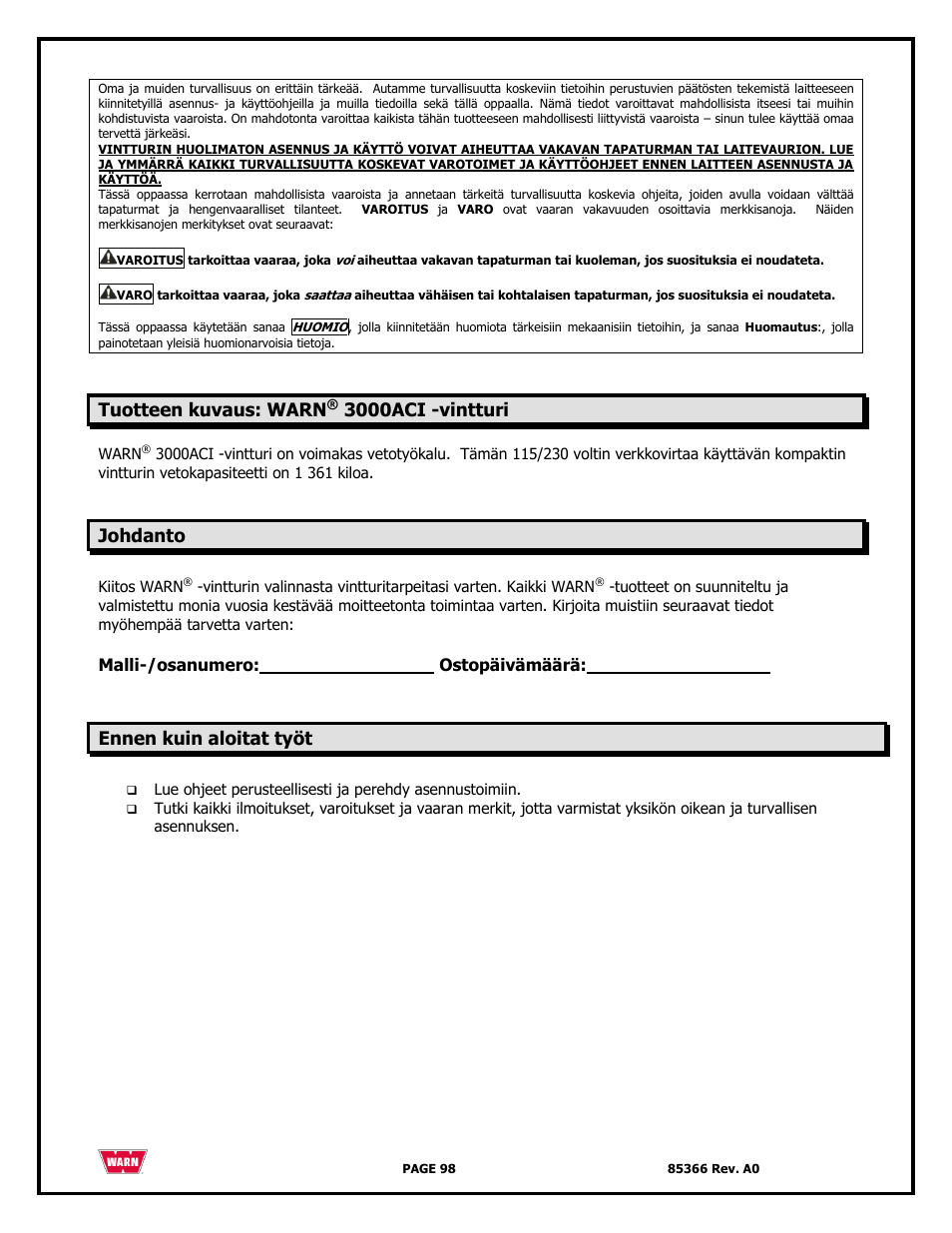 Tuotteen kuvaus: warn, 3000aci -vintturi, Johdanto | Ennen kuin aloitat työt | WARN 3000 ACI User Manual | Page 98 / 144