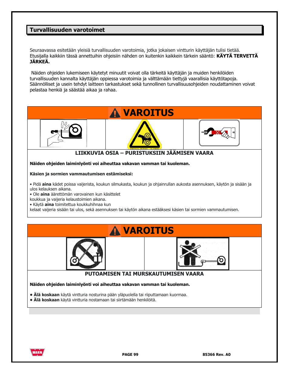 Varoitus | WARN 3000 ACI User Manual | Page 99 / 144