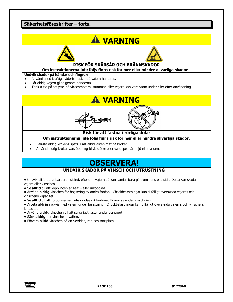 Varning, Observera | WARN 2000 DC User Manual | Page 103 / 126