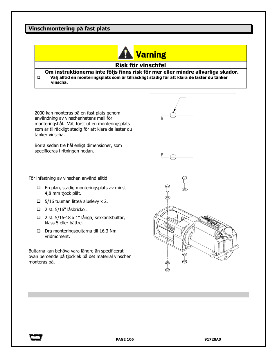 Varning, Risk för vinschfel | WARN 2000 DC User Manual | Page 106 / 126