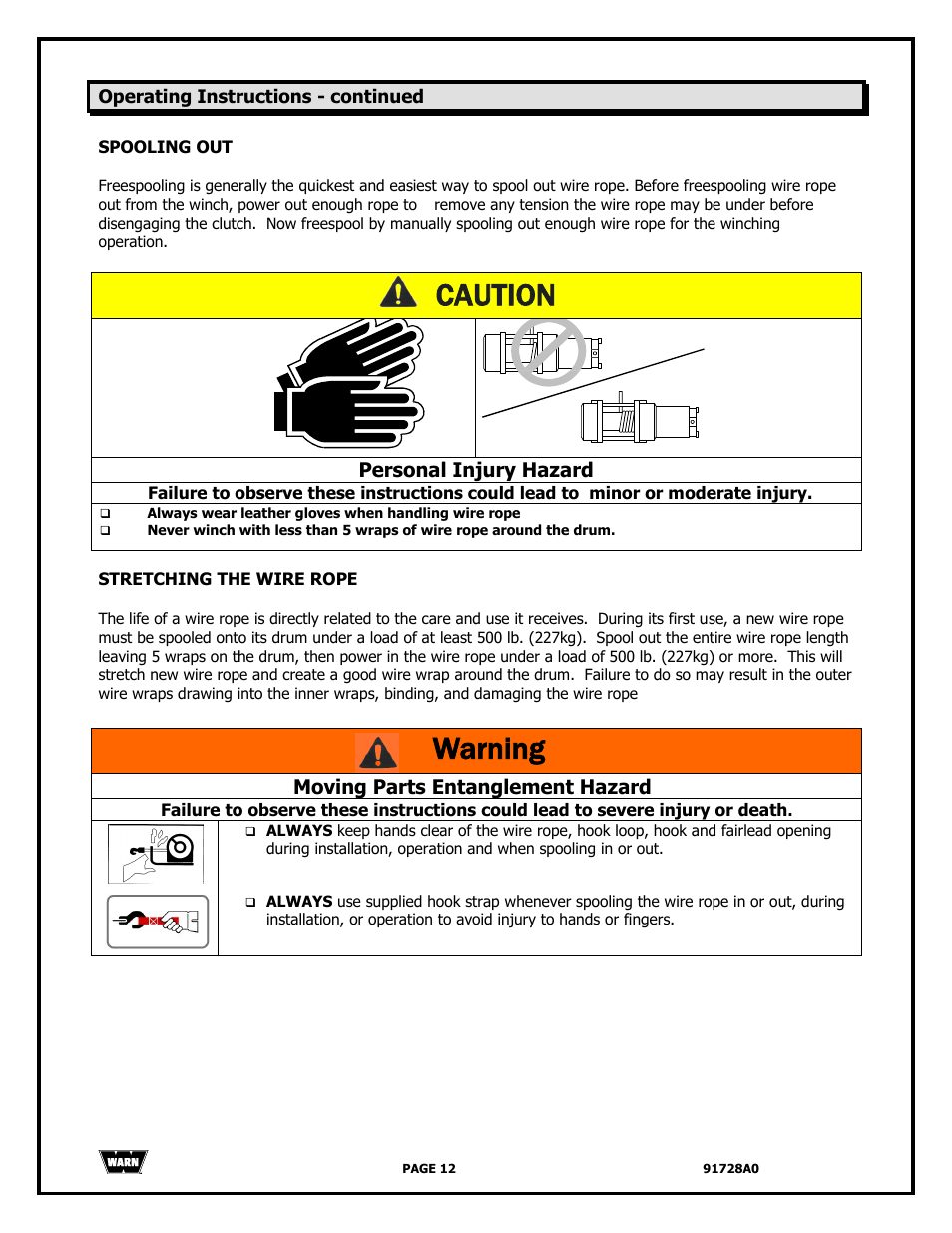 Caution, Warning, Personal injury hazard | Moving parts entanglement hazard | WARN 2000 DC User Manual | Page 12 / 126