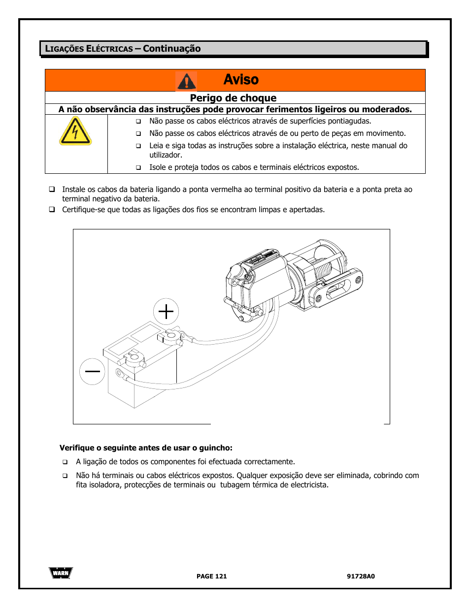 Aviso, Perigo de choque | WARN 2000 DC User Manual | Page 121 / 126