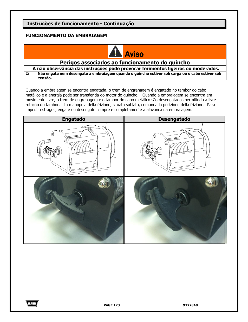 Aviso, Perigos associados ao funcionamento do guincho | WARN 2000 DC User Manual | Page 123 / 126