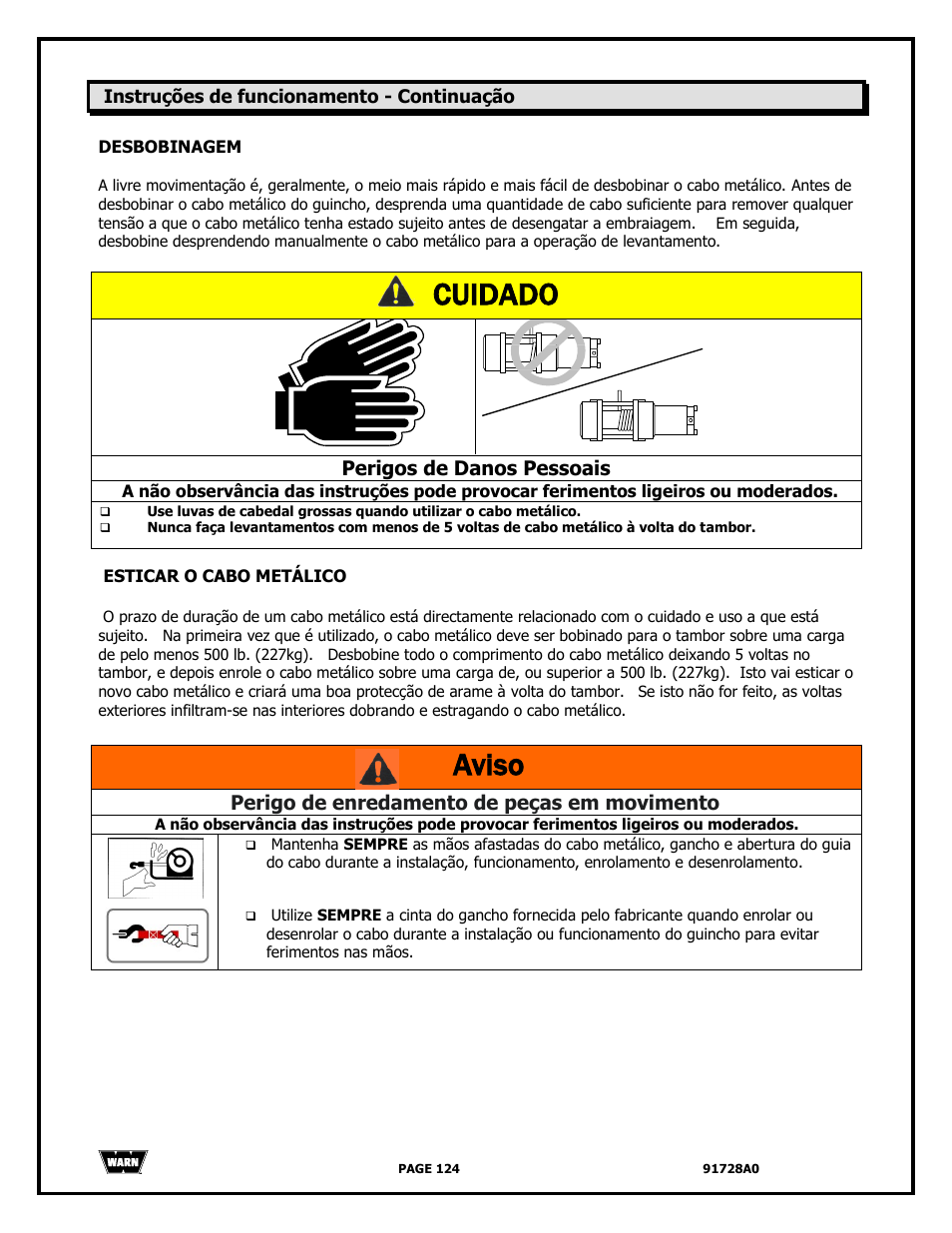 Cuidado, Aviso, Perigos de danos pessoais | Perigo de enredamento de peças em movimento | WARN 2000 DC User Manual | Page 124 / 126