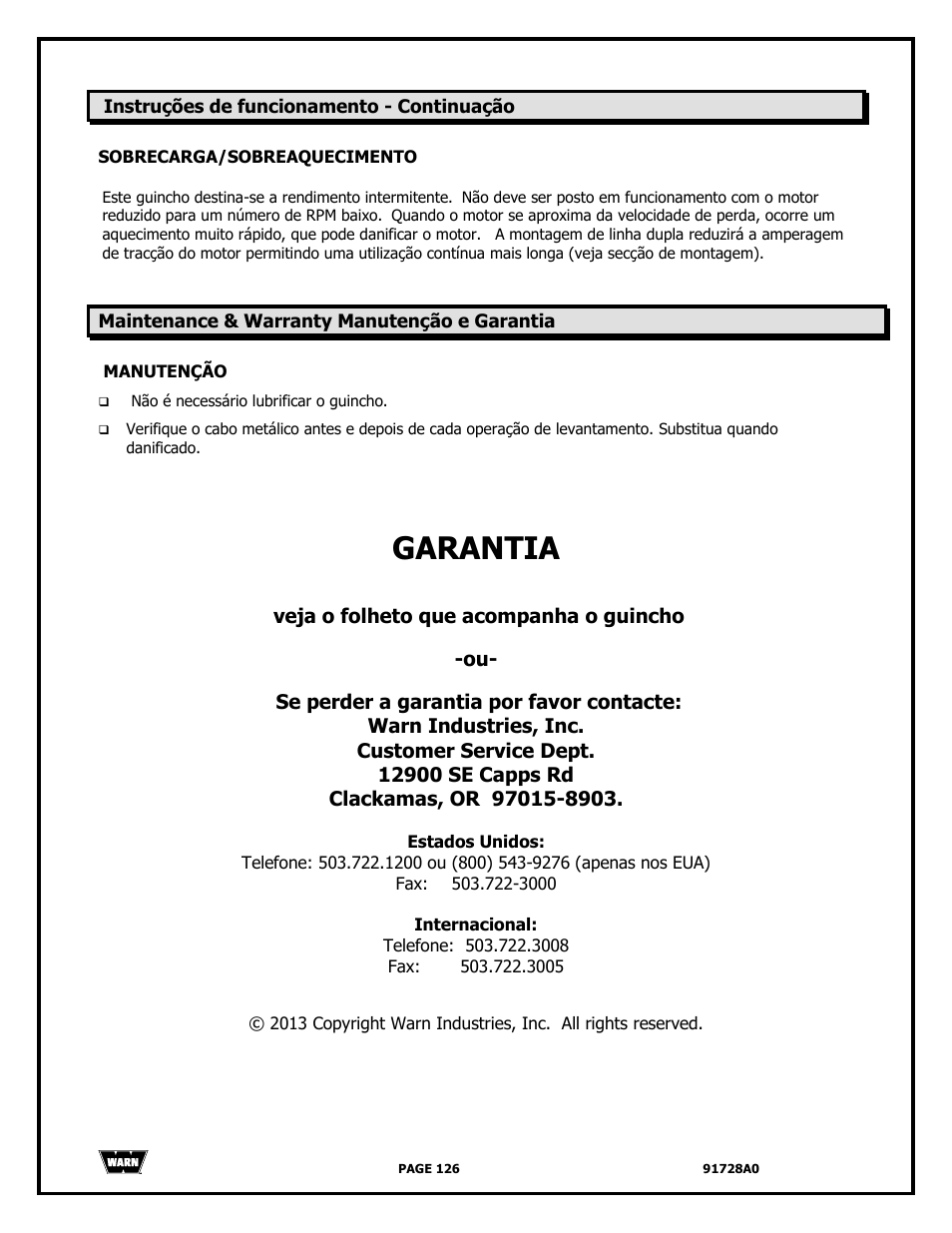 Garantia | WARN 2000 DC User Manual | Page 126 / 126