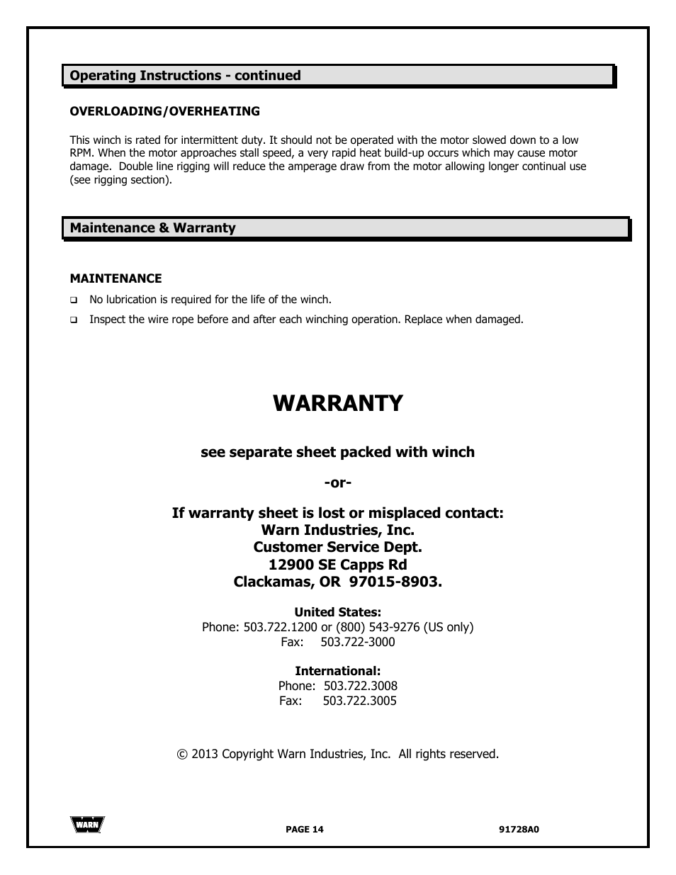 Warranty | WARN 2000 DC User Manual | Page 14 / 126