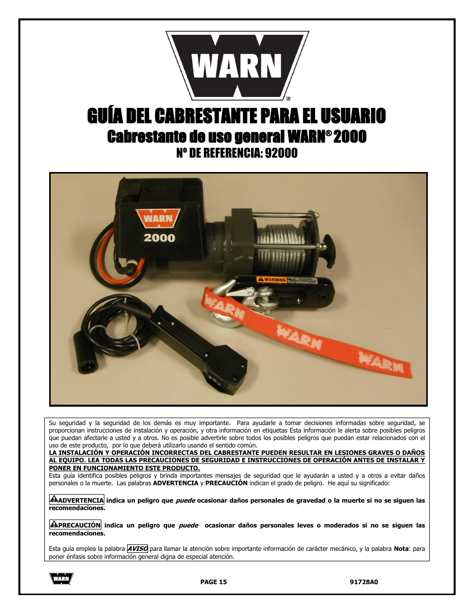 Guía del cabrestante para el usuario, Cabrestante de uso general warn | WARN 2000 DC User Manual | Page 15 / 126