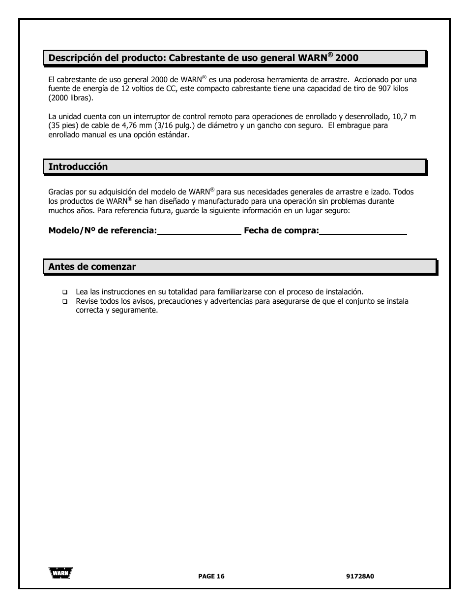 WARN 2000 DC User Manual | Page 16 / 126