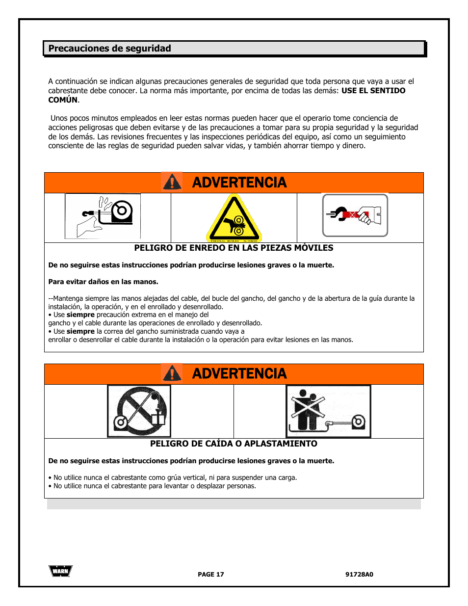 Advertencia | WARN 2000 DC User Manual | Page 17 / 126