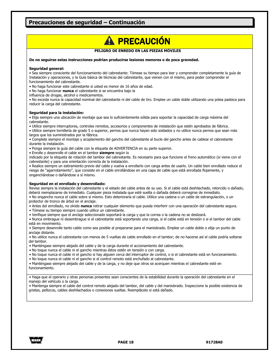 Precaución, Precauciones de seguridad – continuación | WARN 2000 DC User Manual | Page 18 / 126