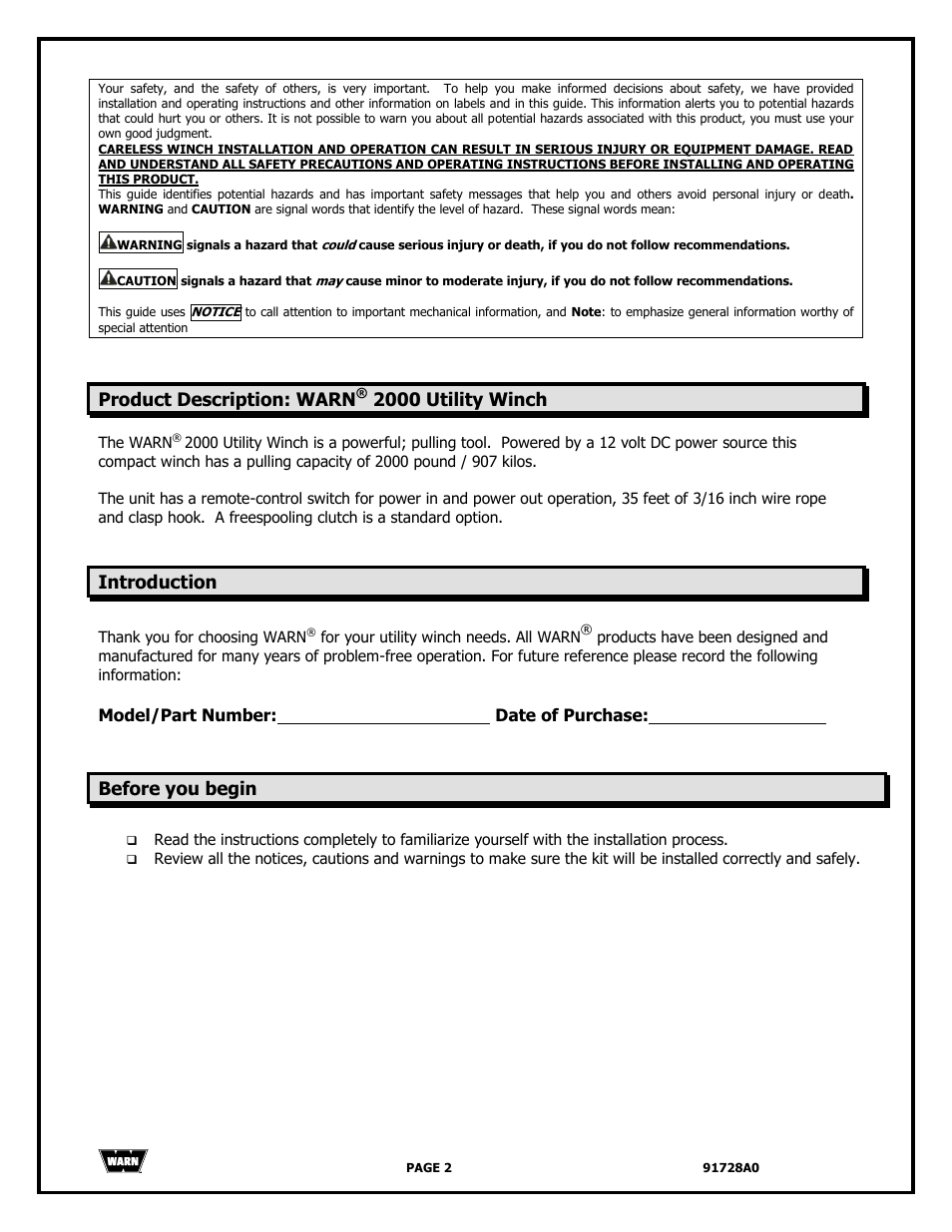 Product description: warn, 2000 utility winch, Introduction | Before you begin | WARN 2000 DC User Manual | Page 2 / 126