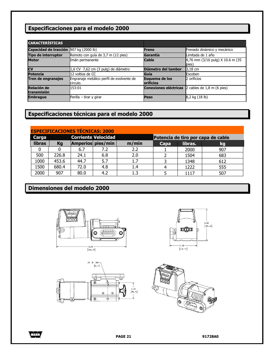 Especificaciones para el modelo 2000, Especificaciones técnicas para el modelo 2000, Dimensiones del modelo 2000 | WARN 2000 DC User Manual | Page 21 / 126
