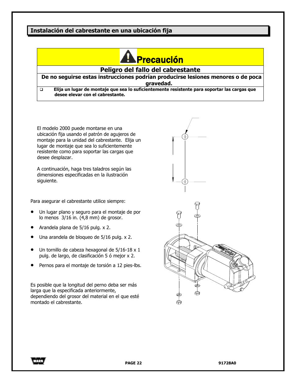 Precaución, Peligro del fallo del cabrestante | WARN 2000 DC User Manual | Page 22 / 126