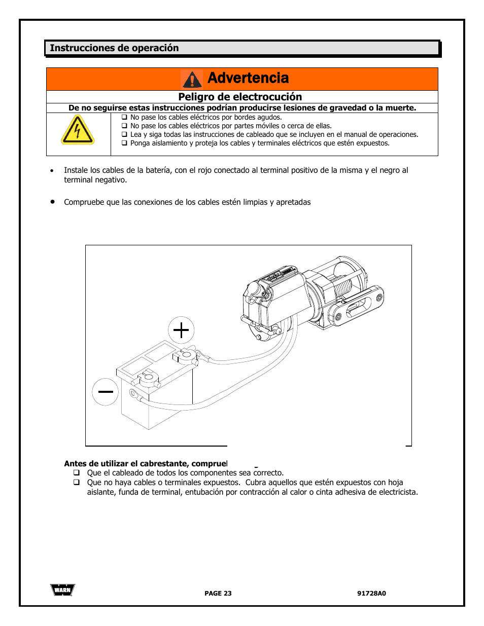 Advertencia, Peligro de electrocución | WARN 2000 DC User Manual | Page 23 / 126