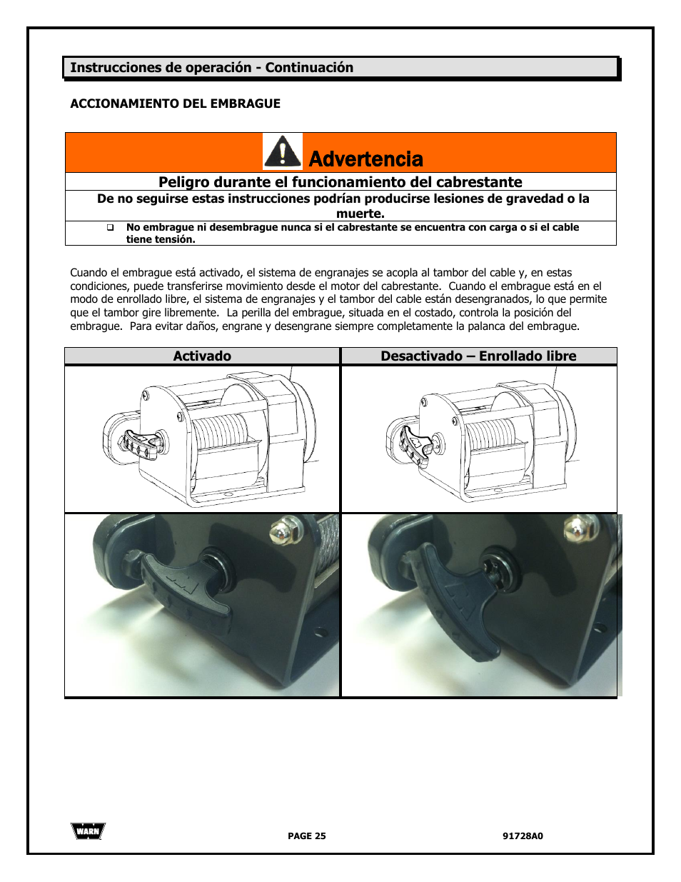 Advertencia, Peligro durante el funcionamiento del cabrestante | WARN 2000 DC User Manual | Page 25 / 126