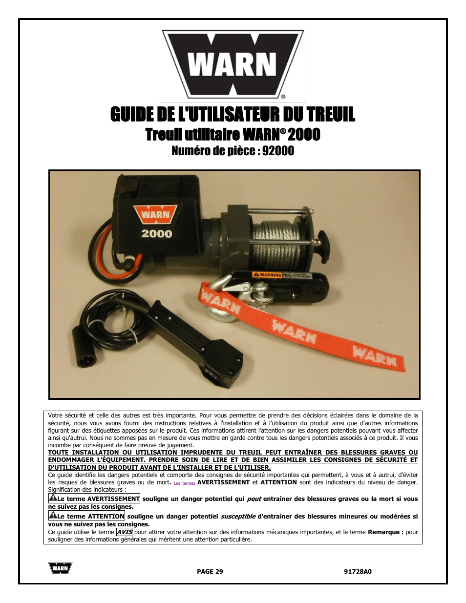 Guide de l'utilisateur du treuil, Treuil utilitaire warn | WARN 2000 DC User Manual | Page 29 / 126