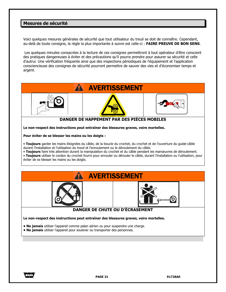 Avertissement | WARN 2000 DC User Manual | Page 31 / 126