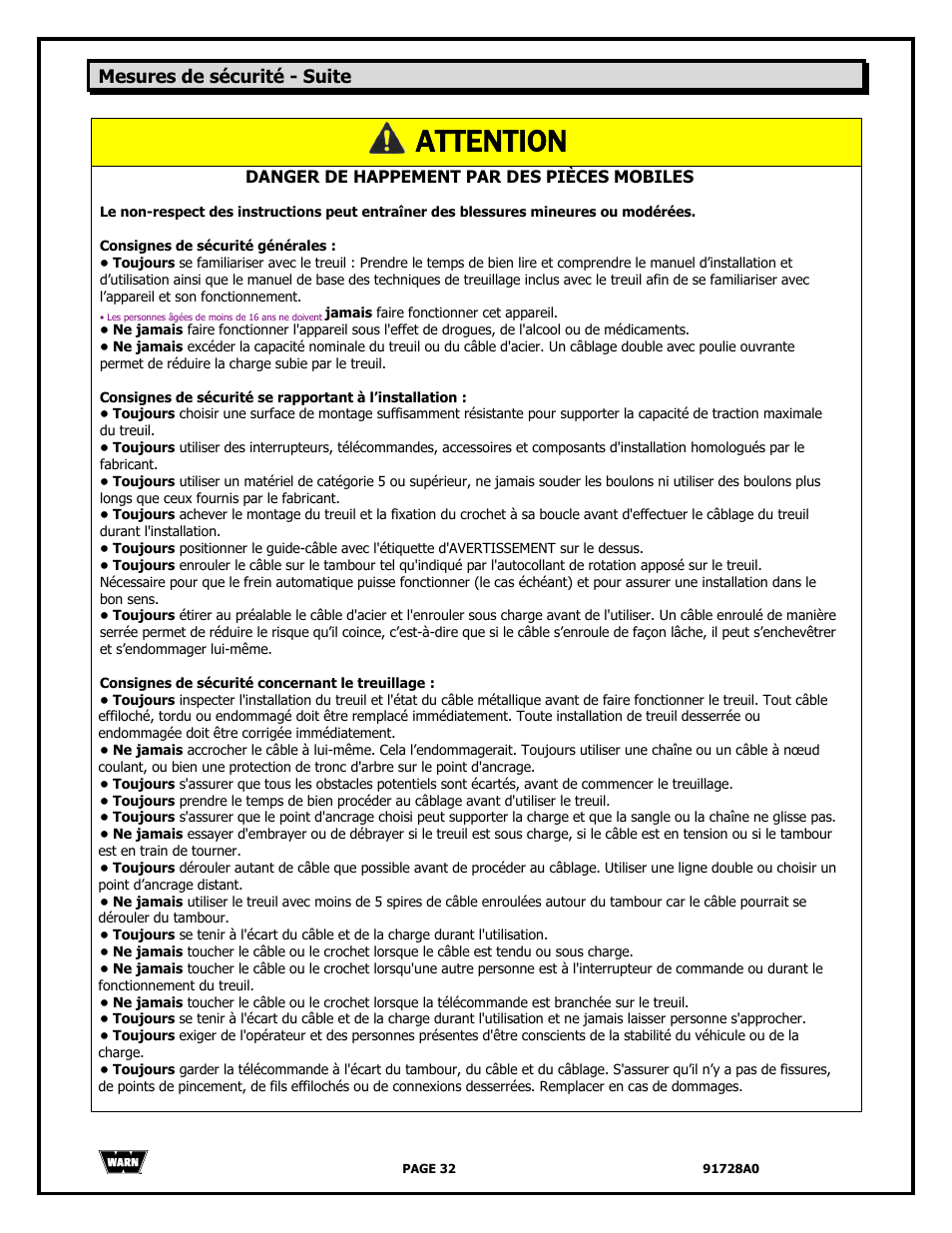 Attention, Mesures de sécurité - suite | WARN 2000 DC User Manual | Page 32 / 126