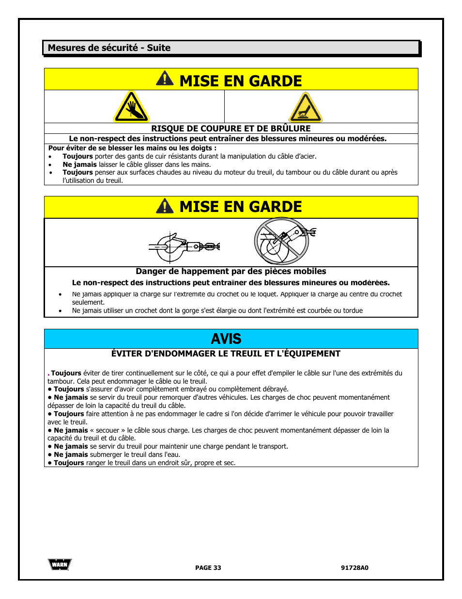 Mise en garde, Avis | WARN 2000 DC User Manual | Page 33 / 126