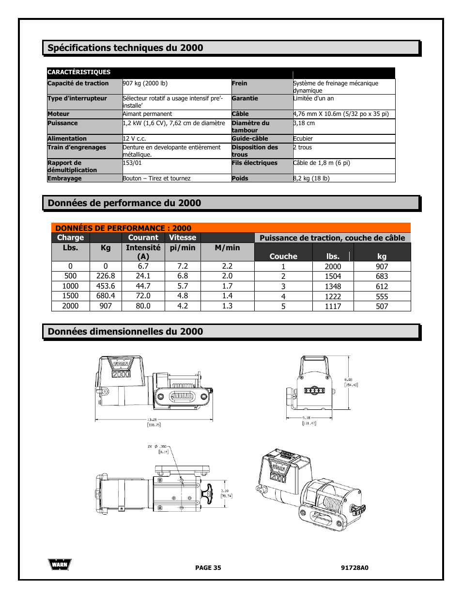 Spécifications techniques du 2000, Données de performance du 2000, Données dimensionnelles du 2000 | WARN 2000 DC User Manual | Page 35 / 126