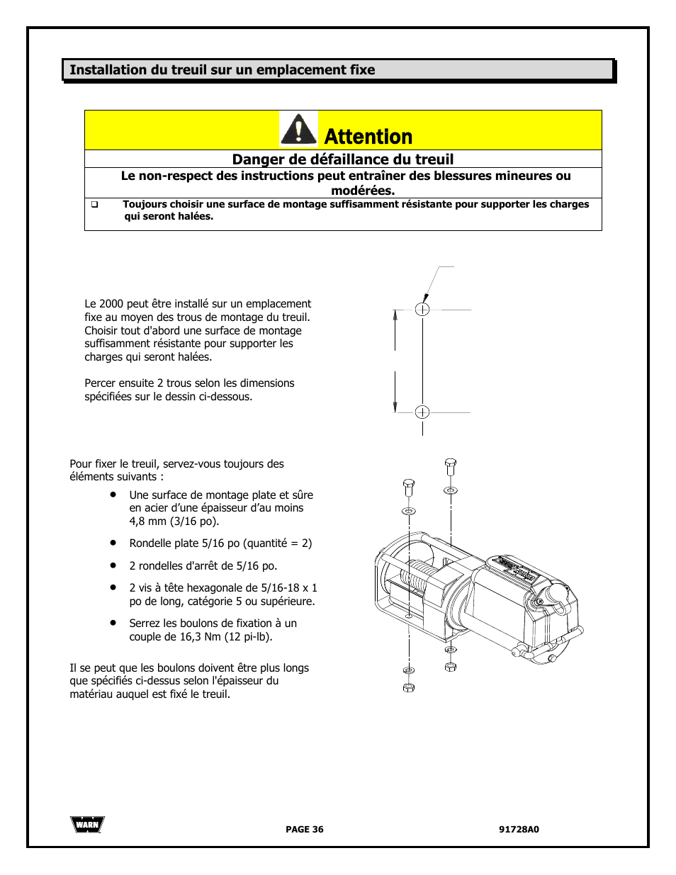 Attention, Danger de défaillance du treuil | WARN 2000 DC User Manual | Page 36 / 126