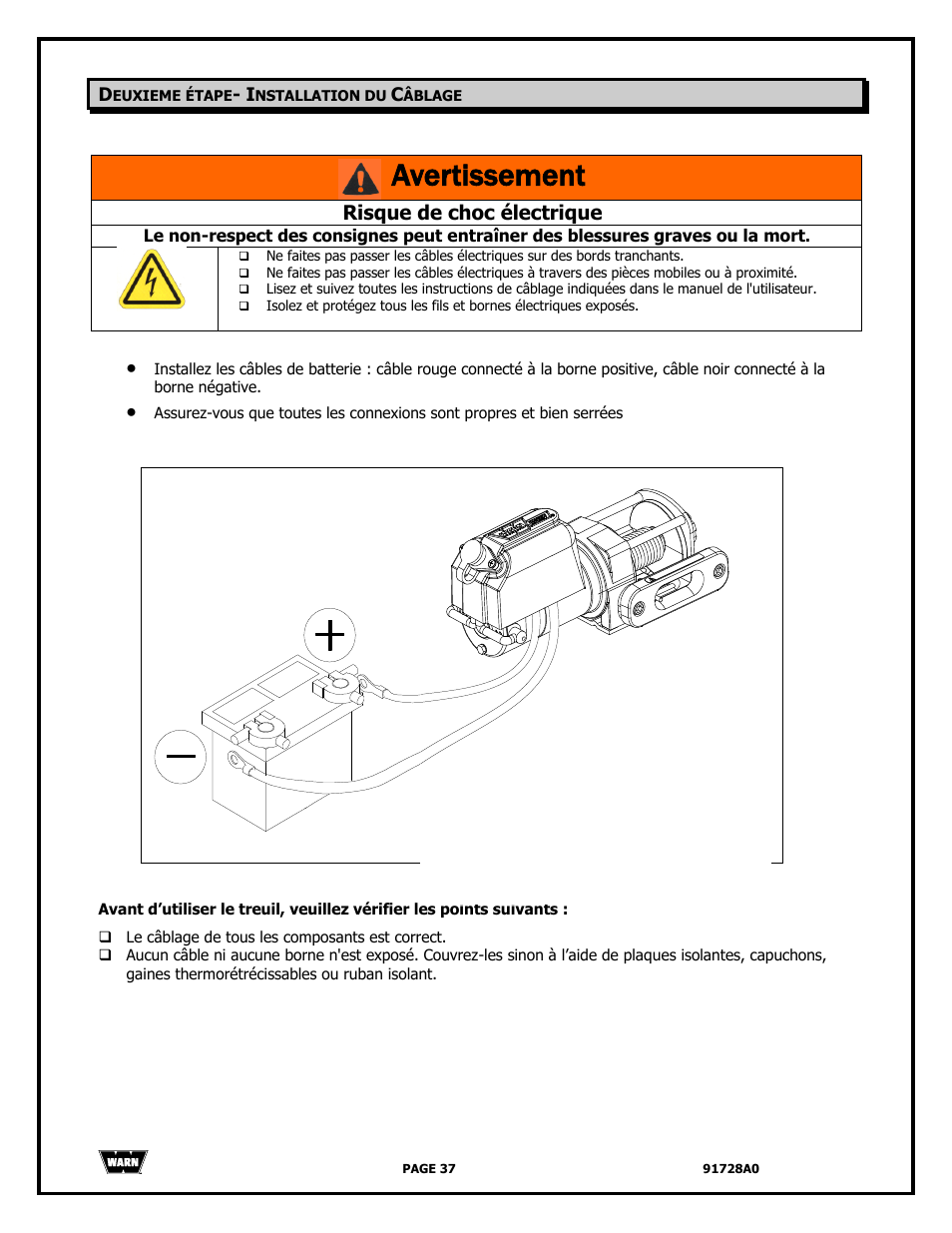 Avertissement, Risque de choc électrique | WARN 2000 DC User Manual | Page 37 / 126