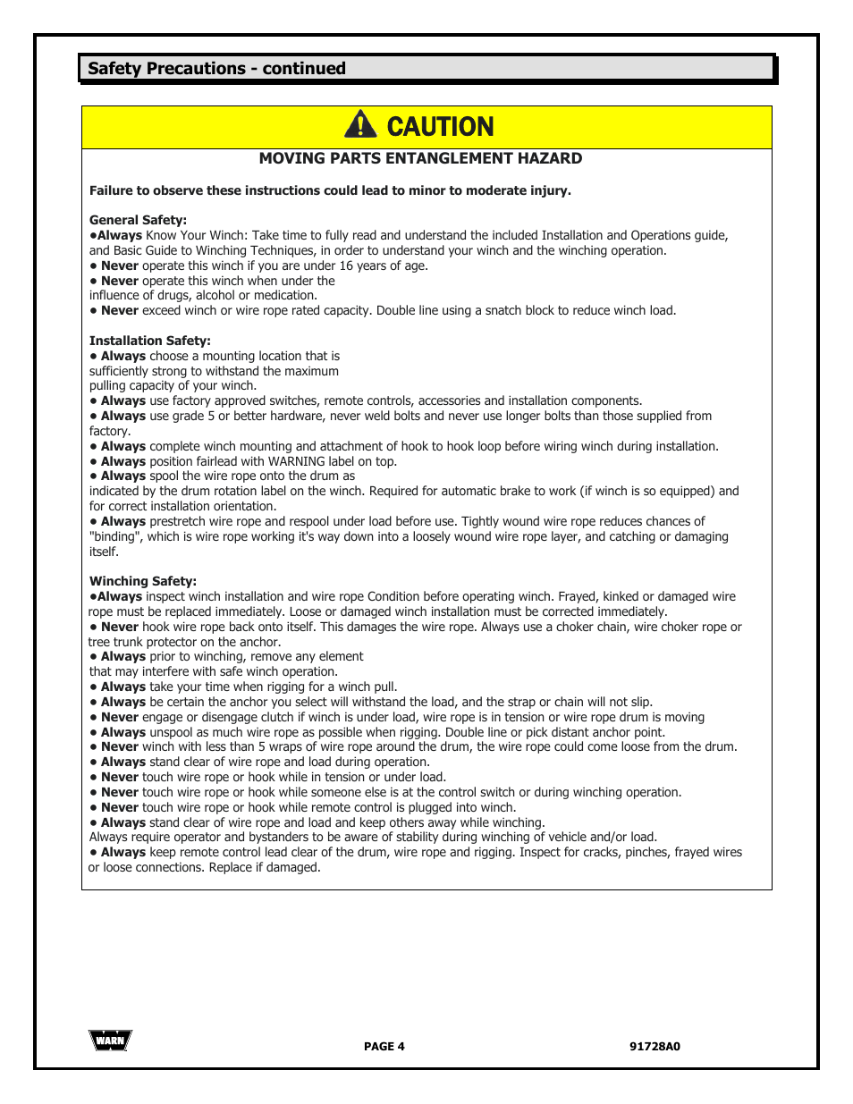 Caution, Safety precautions - continued | WARN 2000 DC User Manual | Page 4 / 126