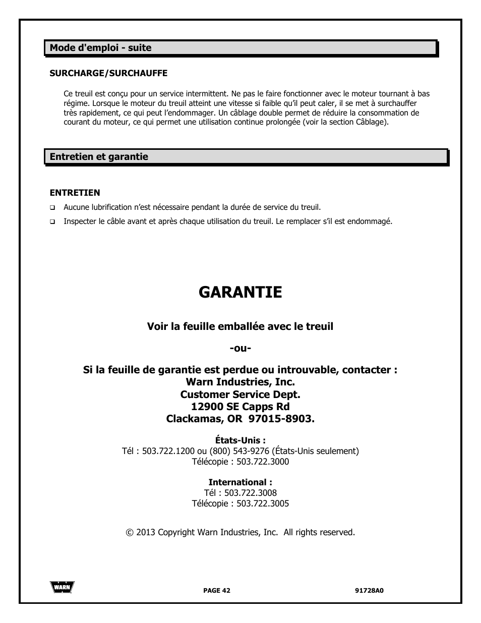 Garantie | WARN 2000 DC User Manual | Page 42 / 126