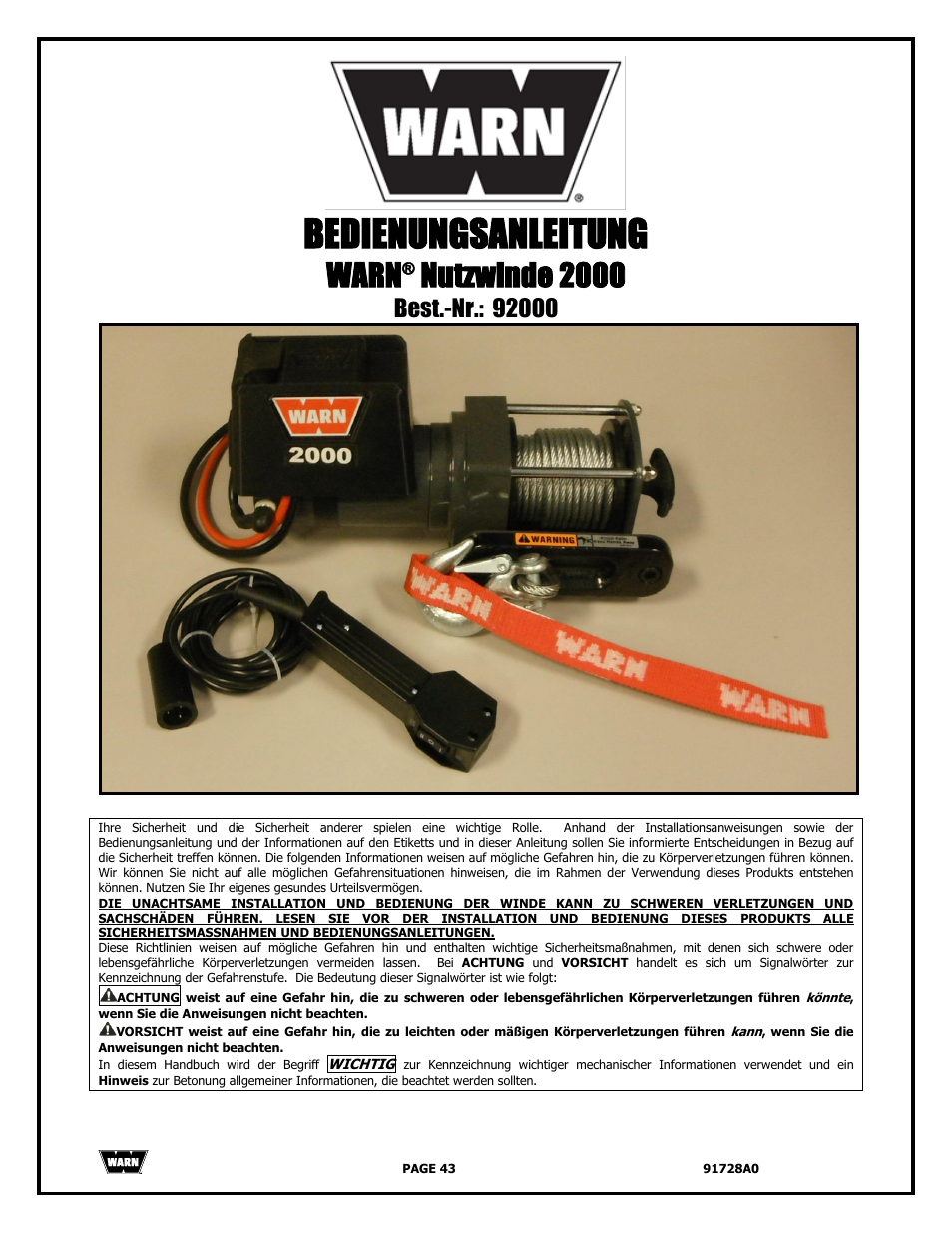 Bedienungsanleitung, Warn, Nutzwinde 2000 | WARN 2000 DC User Manual | Page 43 / 126